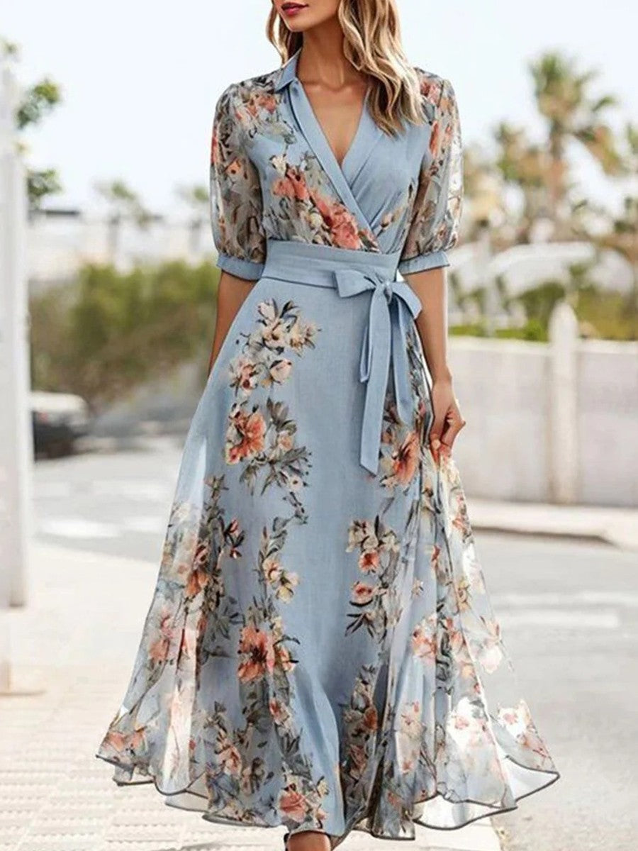 Ava - Women’s Floral Maxi Dress Elegant with Wrap V Neck and Tie Waist