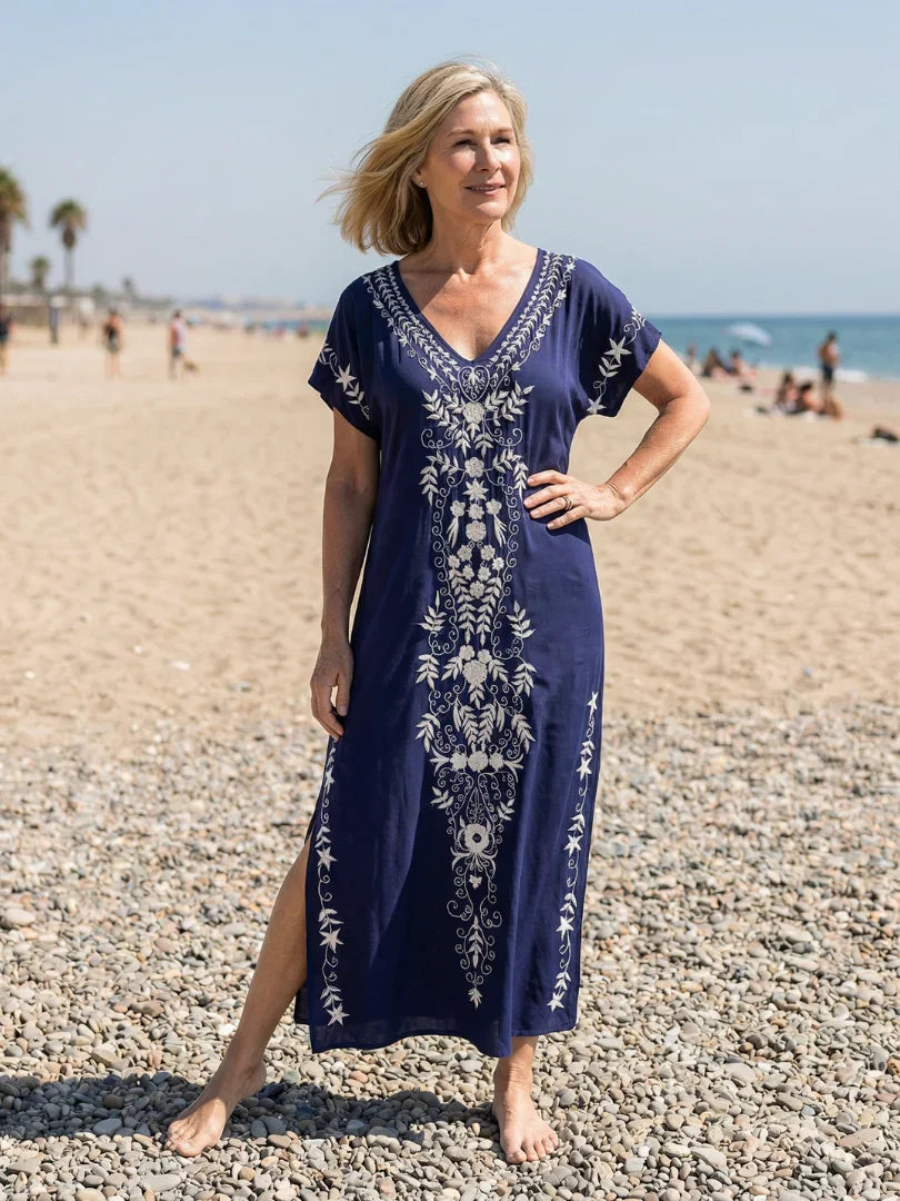 Delphine - Women's Summer Beach Maxi Dress Boho with Floral Embroidery