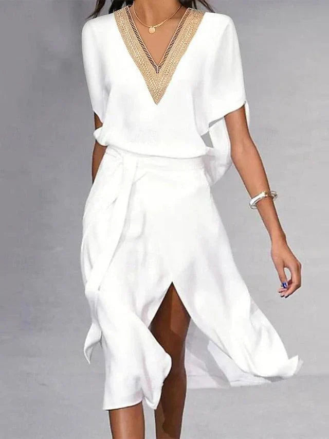 Evie - Women's Summer Dress V Neck Midi with Wrap Skirt and Short Sleeves