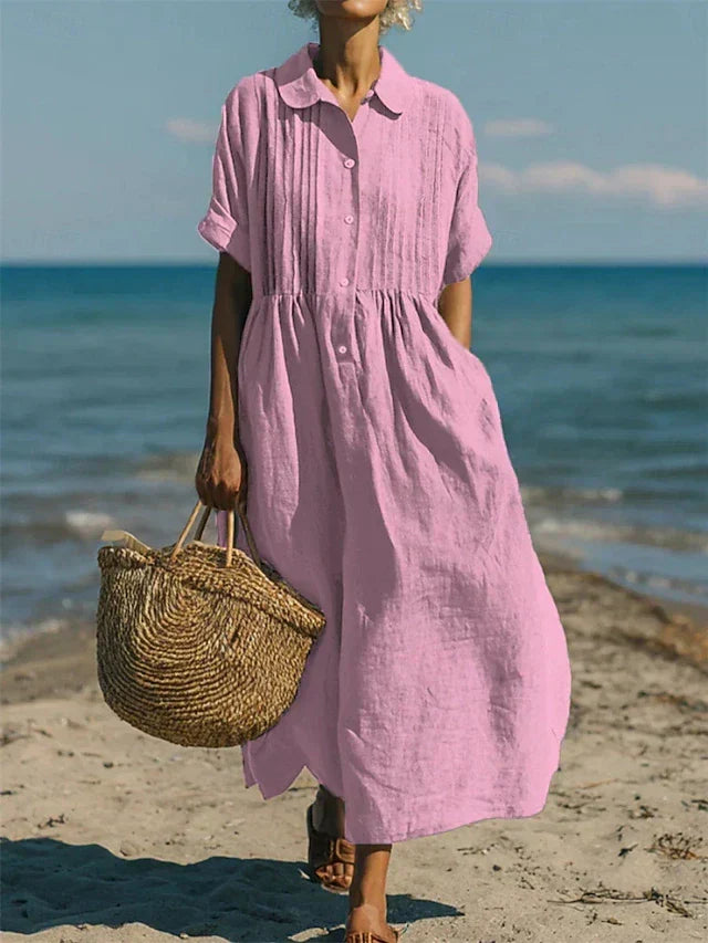 Lily - Women’s Lightweight Summer Midi Dress with Collar and Button Front
