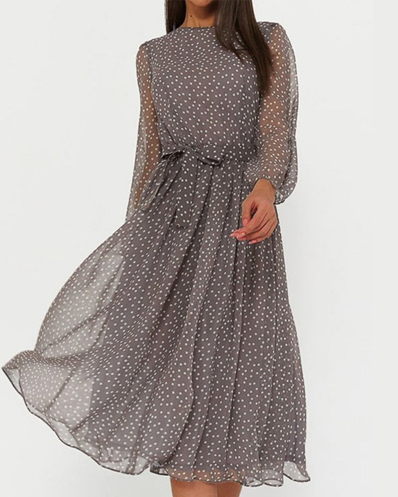 Lily - Women’s Polka Dot Summer Midi Dress with Tie Waist and Long Sleeves