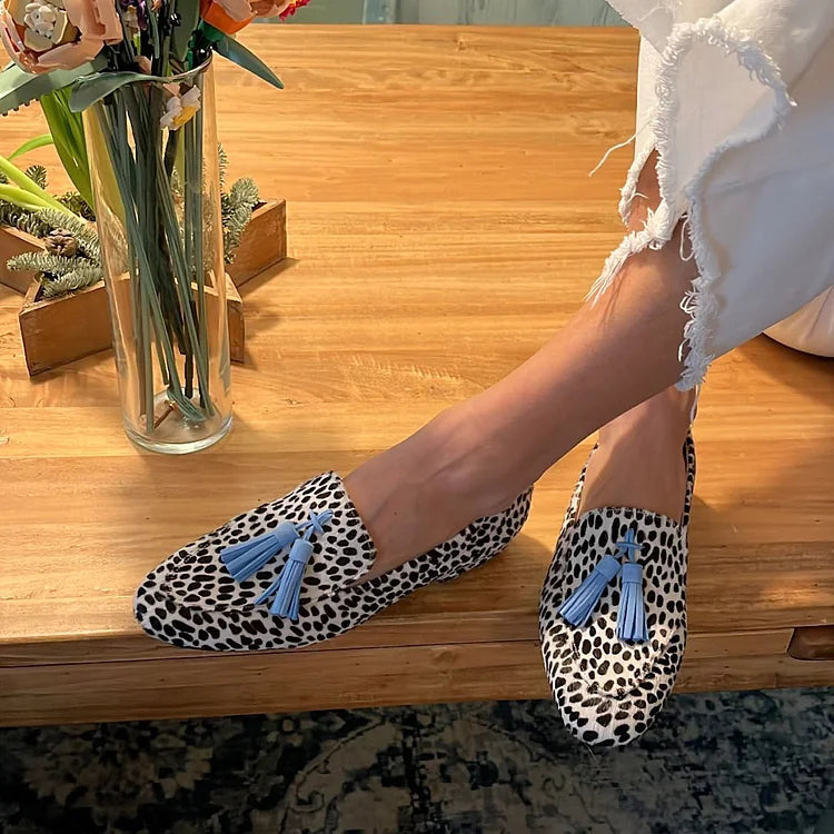 Matilda - Women's Comfort Loafers with Spot Print and Tassel Trim Detail