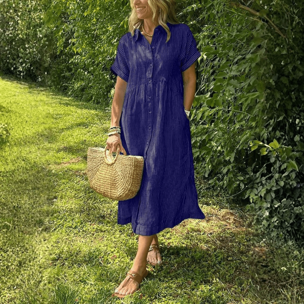 Matilda - Women's Summer Maxi Dress Striped with Collar and Button Front