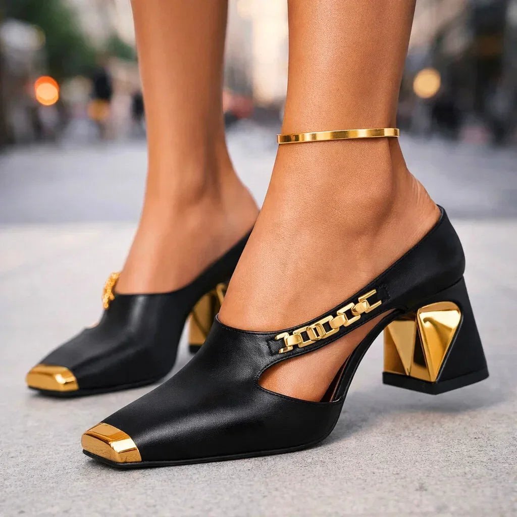 Mia - Women’s Formal Party Mule Heels with Square Toe and Chain Detail