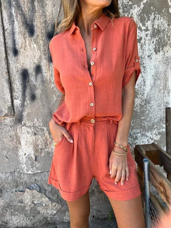 Ruby - Women's Matching Short Summer Set with Rolled Sleeve Button Shirt