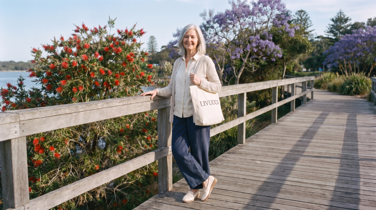 Woman on a coastal boardwalk in Australia carrying a Livucci tote, bottlebrush and jacaranda in bloom