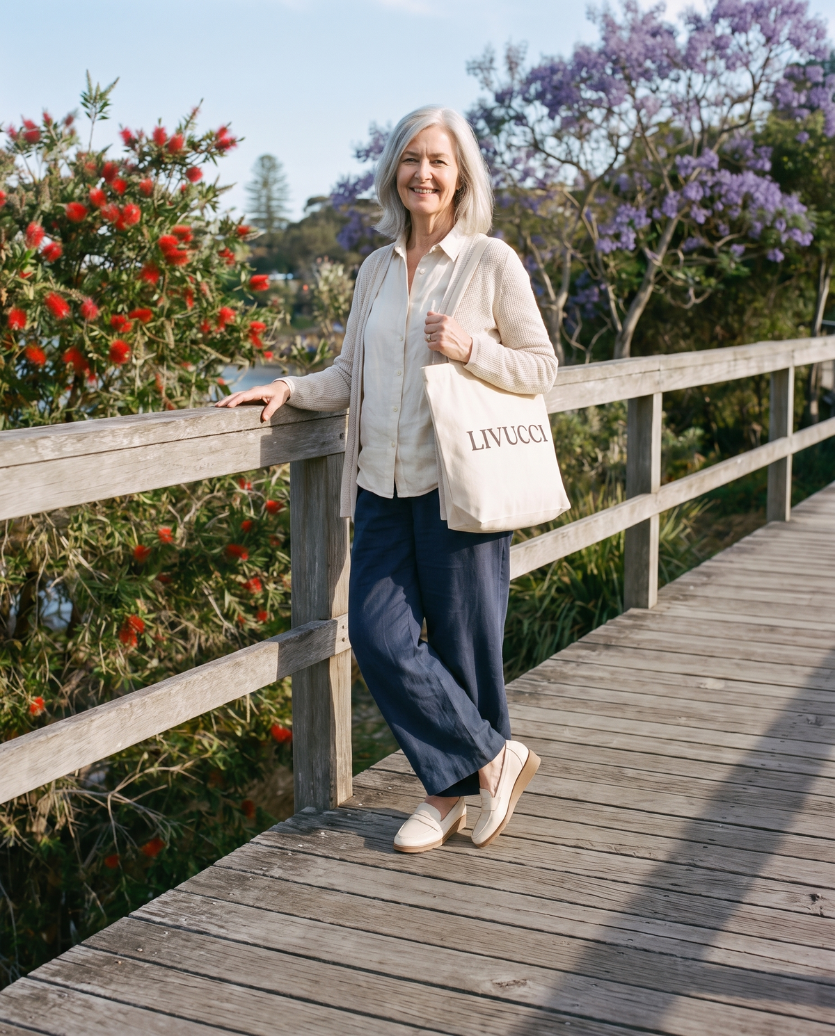 Woman on a coastal boardwalk in spring carrying a Livucci tote bag