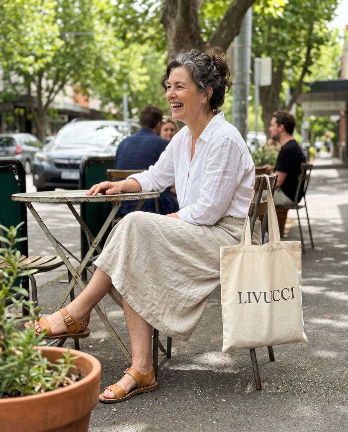Woman at a street cafe in tan sandals with a Livucci tote on her chair