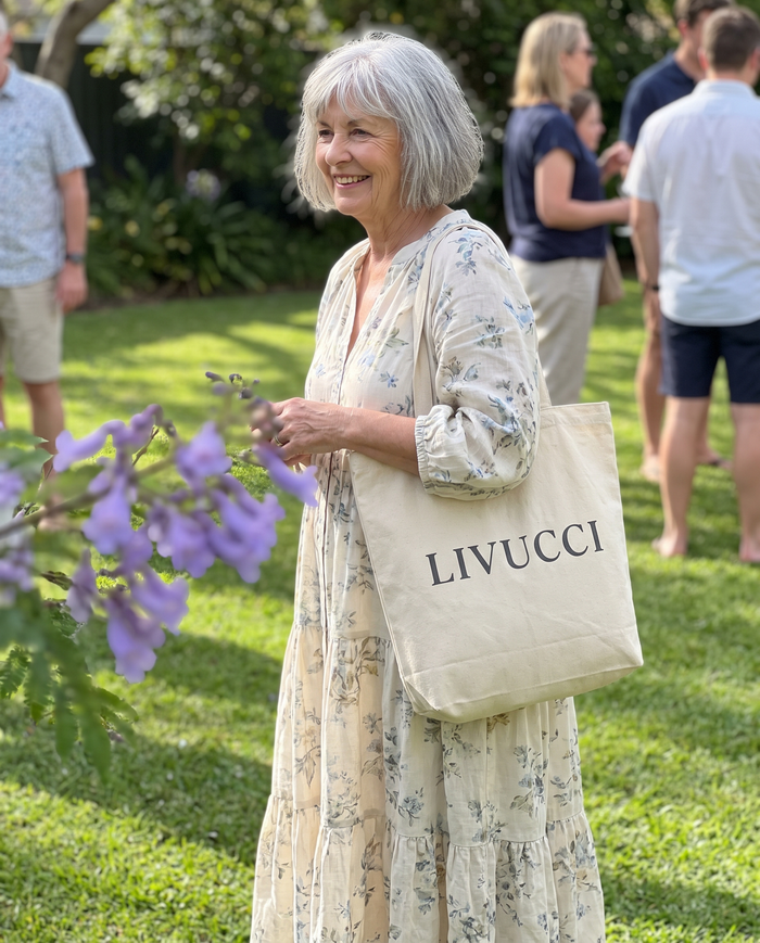 Woman in a floral tiered maxi dress at a garden gathering with a Livucci tote