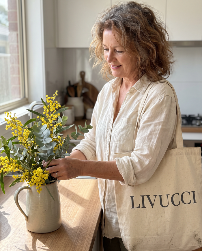 Woman arranging native flowers in a sunlit kitchen with a Livucci tote
