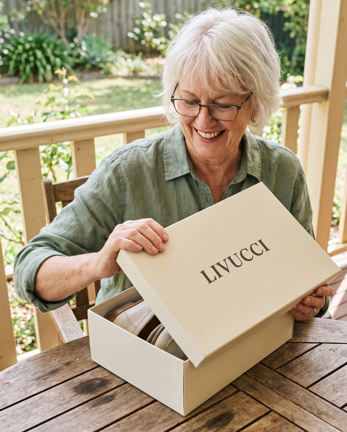 Woman on a veranda opening a Livucci box with loafers inside