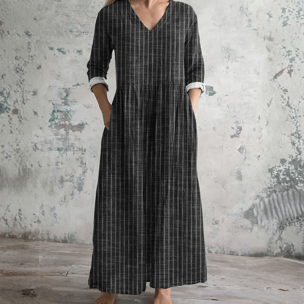 Amelia - Women's Summer Maxi Dress Striped with V-Neck and Side Pockets