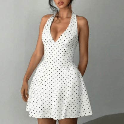 Amelia - Women's Polka Dot Summer Dress Mini with Halter V Neck and Pockets