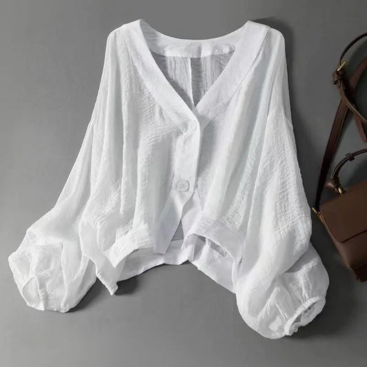 Amelia - Women's Summer Blouse Oversized with V Neck and Button Front