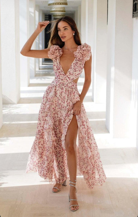 Amelia - Women’s Summer Maxi Dress Floral with V Neck and Ruffle Shoulders
