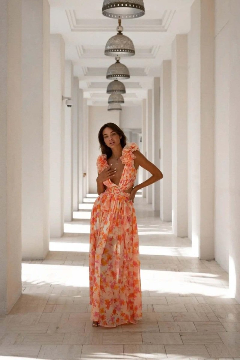 Amelia - Women’s Summer Maxi Dress Floral with V Neck and Ruffle Shoulders
