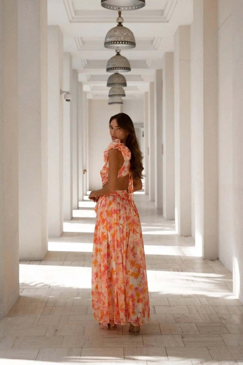 Amelia - Women’s Summer Maxi Dress Floral with V Neck and Ruffle Shoulders