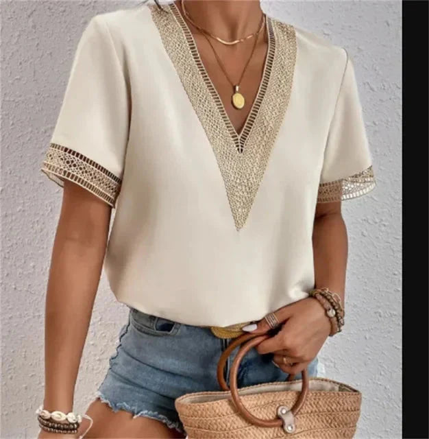 Amelia - Women's Summer Top V Neck with Contrast Trim and Short Sleeves