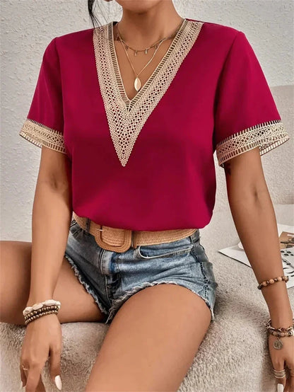 Amelia - Women's Summer Top V Neck with Contrast Trim and Short Sleeves