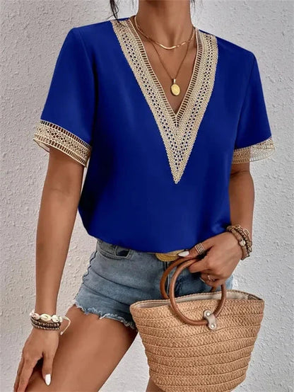 Amelia - Women's Summer Top V Neck with Contrast Trim and Short Sleeves