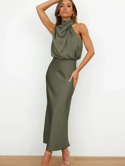 Ava - Women's Evening Dress Elegant Midi Length with Draped Halter Neck