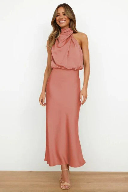 Ava - Women's Evening Dress Elegant Midi Length with Draped Halter Neck