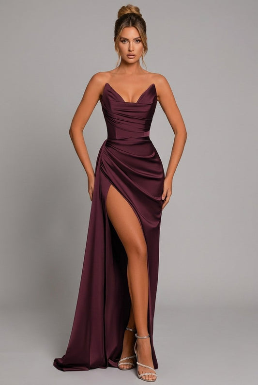Ava - Women’s Formal Strapless Maxi Dress with Ruched Waist and High Split