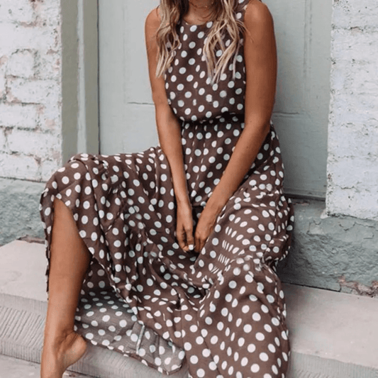 Ava - Women's Summer Maxi Dress Polka Dot with Round Neck and Side Split