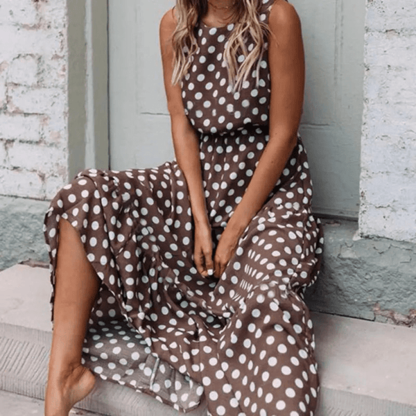 Ava - Women's Summer Maxi Dress Polka Dot with Round Neck and Side Split