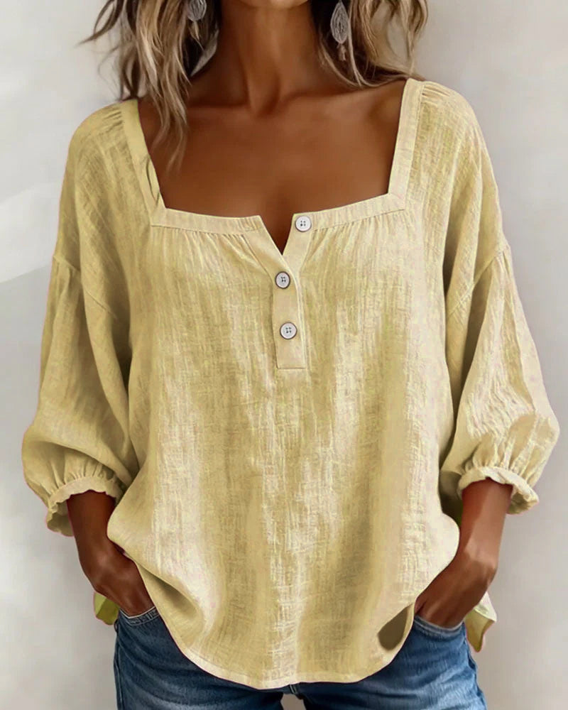 Ava - Women's Summer Blouse Relaxed with Square Neck and Buttons