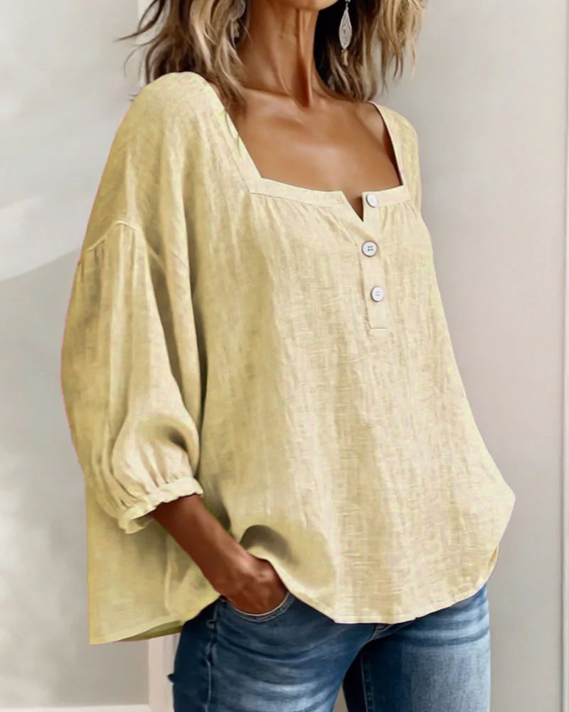 Ava - Women's Summer Blouse Relaxed with Square Neck and Buttons