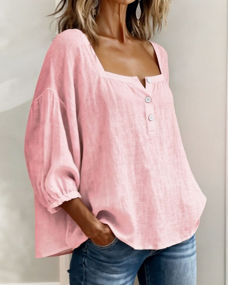 Ava - Women's Summer Blouse Relaxed with Square Neck and Buttons