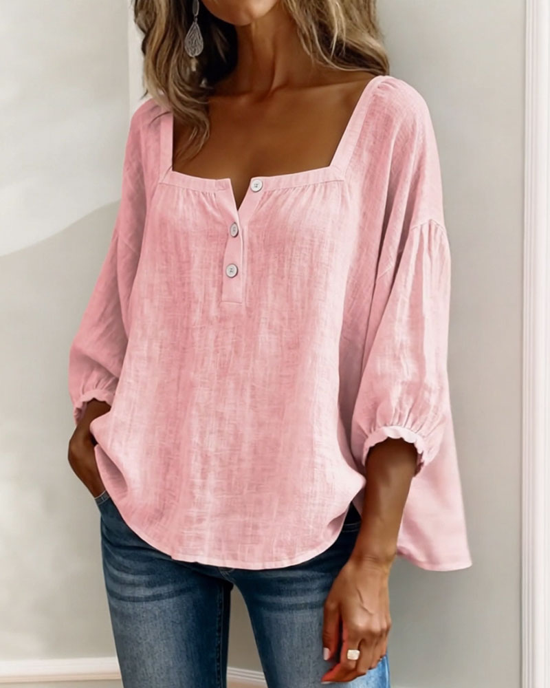 Ava - Women's Summer Blouse Relaxed with Square Neck and Buttons