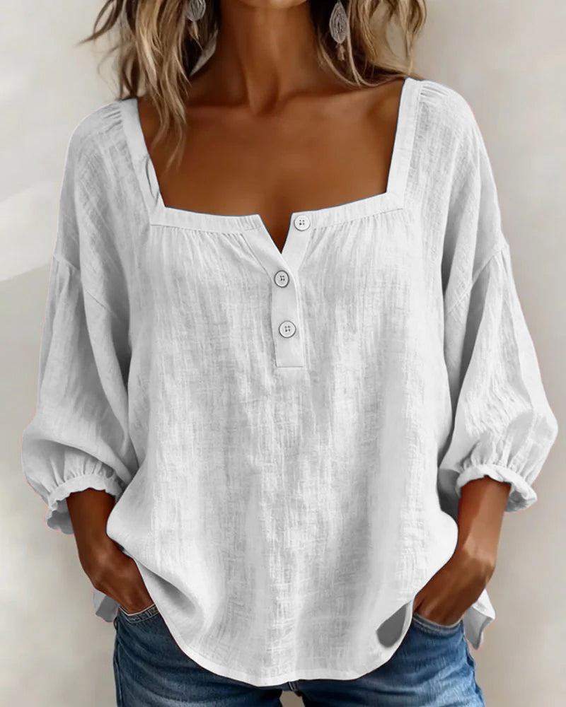 Ava - Women's Summer Blouse Relaxed with Square Neck and Buttons