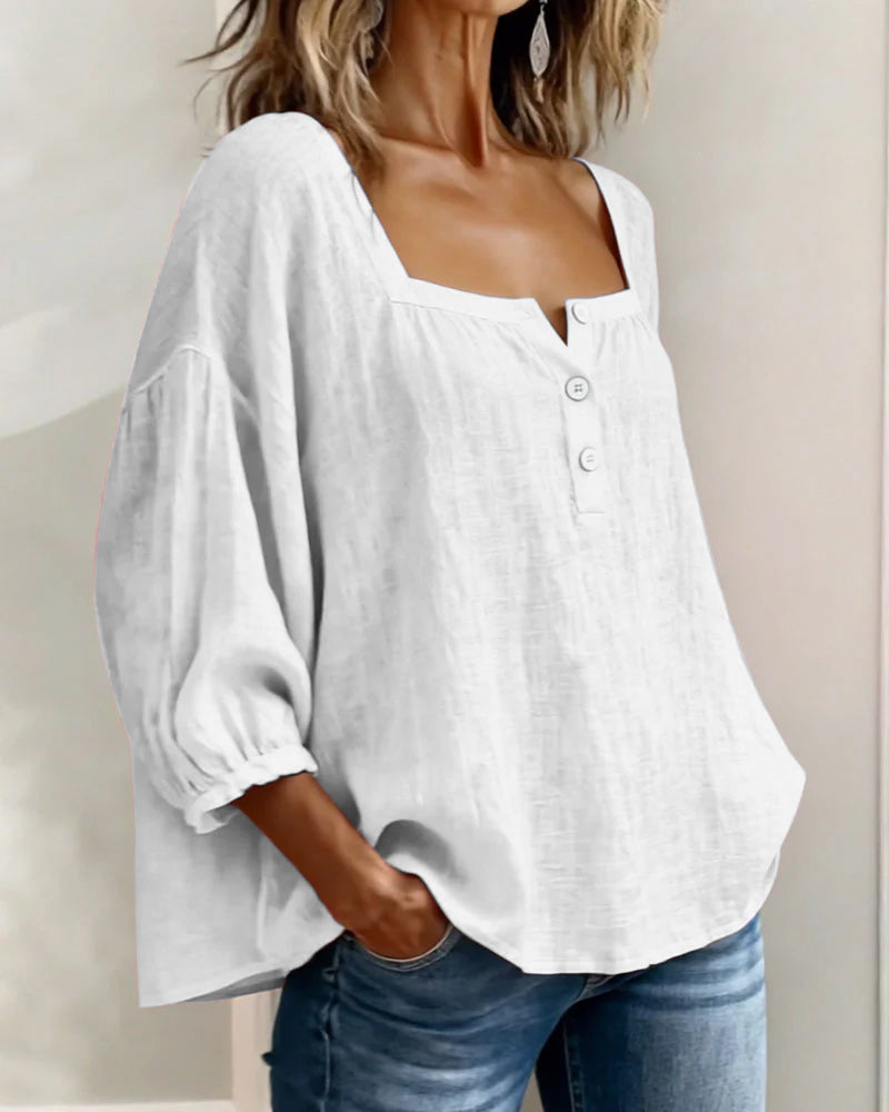 Ava - Women's Summer Blouse Relaxed with Square Neck and Buttons