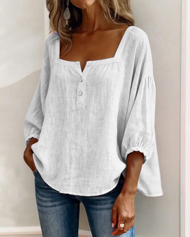 Ava - Women's Summer Blouse Relaxed with Square Neck and Buttons