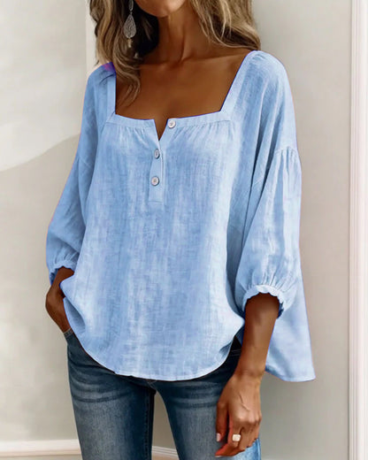 Ava - Women's Summer Blouse Relaxed with Square Neck and Buttons
