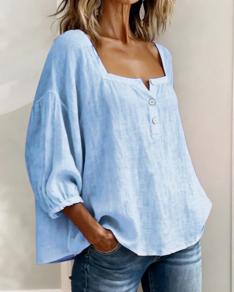 Ava - Women's Summer Blouse Relaxed with Square Neck and Buttons