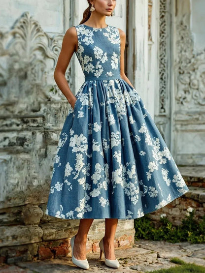 Ava - Women’s Summer Dress Midi Sleeveless with Full Skirt and Pockets