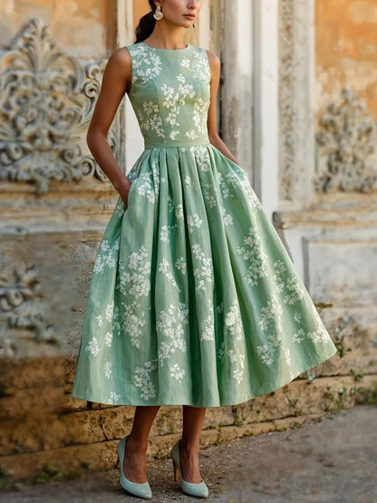 Ava - Women’s Summer Dress Midi Sleeveless with Full Skirt and Pockets
