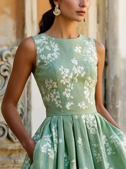Ava - Women’s Summer Dress Midi Sleeveless with Full Skirt and Pockets