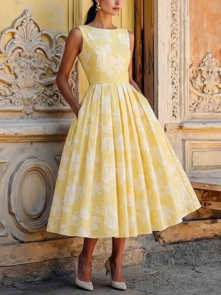 Ava - Women’s Summer Dress Midi Sleeveless with Full Skirt and Pockets