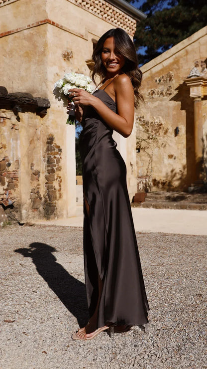 Camille - Women's Wedding Guest Maxi Dress with Thin Straps and Side Split