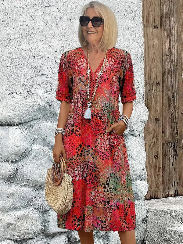 Cassandra - Women's Boho Summer Midi Dress with V Neck and Floral Print
