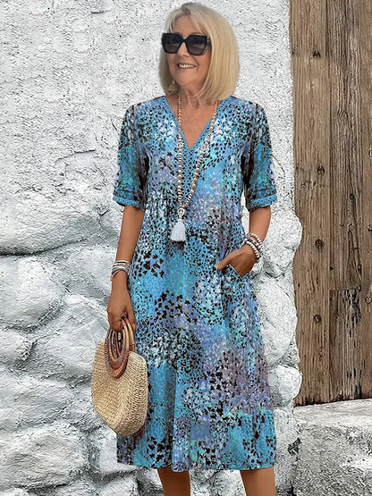 Cassandra - Women's Boho Summer Midi Dress with V Neck and Floral Print