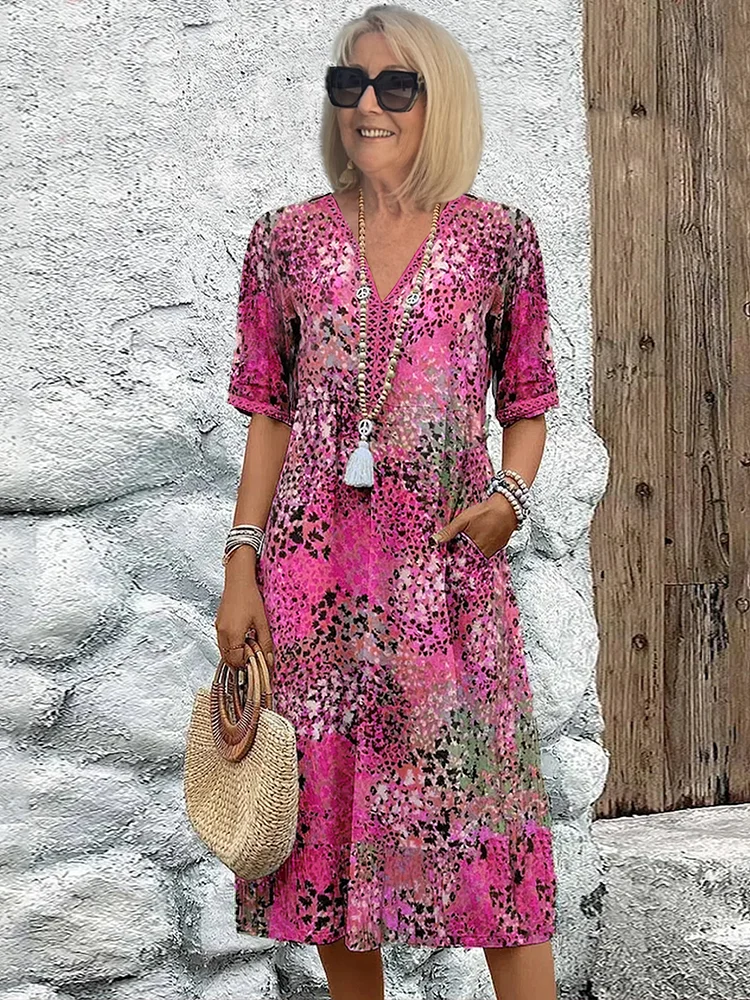 Cassandra - Women's Boho Summer Midi Dress with V Neck and Floral Print
