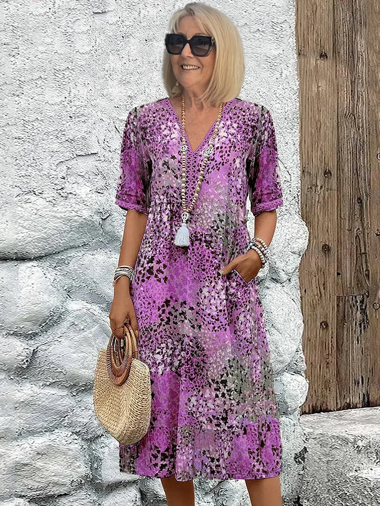 Cassandra - Women's Boho Summer Midi Dress with V Neck and Floral Print