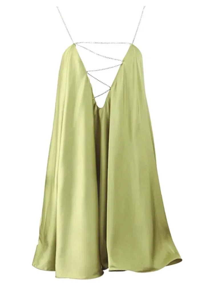 Celeste - Women's Summer Mini Dress with Diamante Straps and Plunge Neck