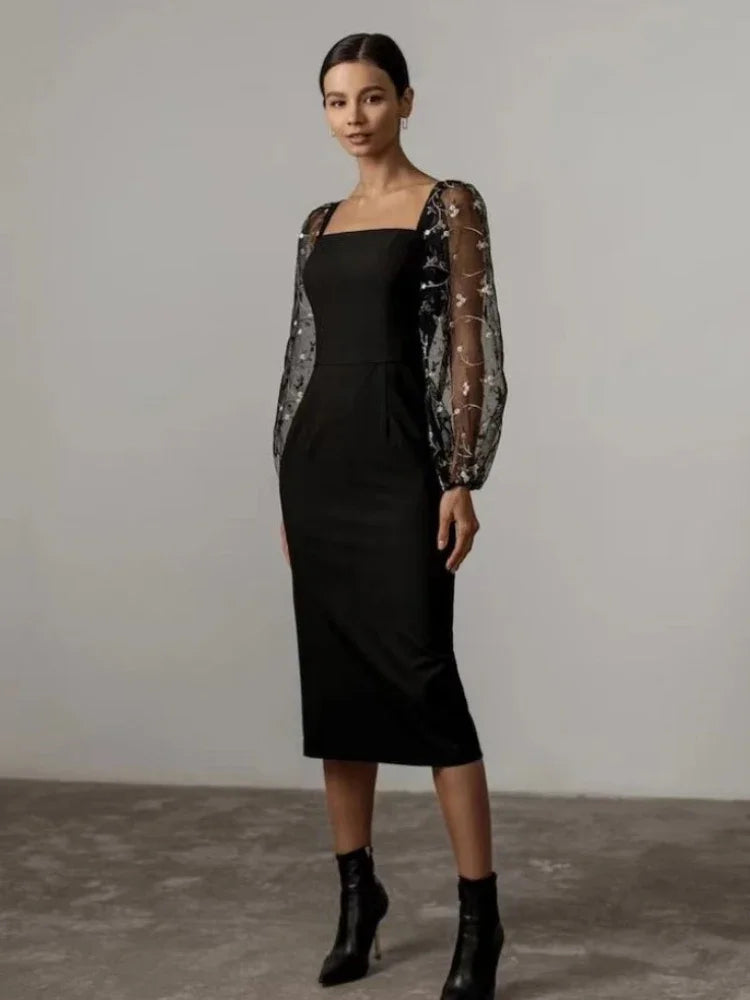Charlotte - Women's Formal Party Midi Dress with Sheer Embroidered Sleeves