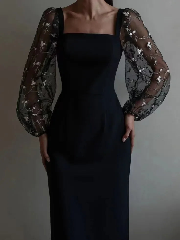 Charlotte - Women's Formal Party Midi Dress with Sheer Embroidered Sleeves